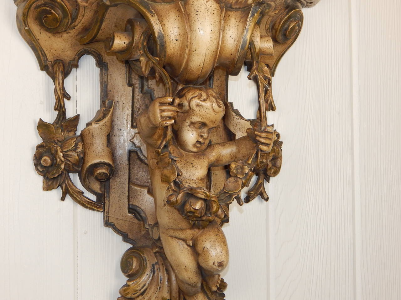 Pair of 19th Century Carved Wood Cherub Wall Brackets