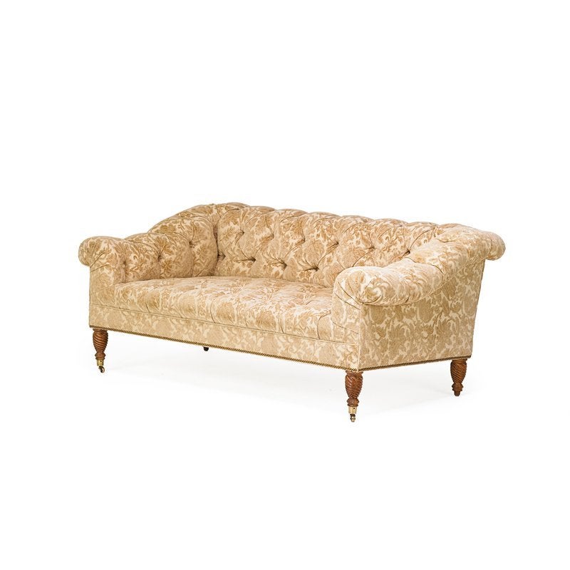 Matching English Regency style sofa and love seat. They have beautiful rope turned legs and the front legs sit on brass casters. 

The sofa measures: 82" x 38" x 29".
The love seat measures: 71" x 38" x 29".