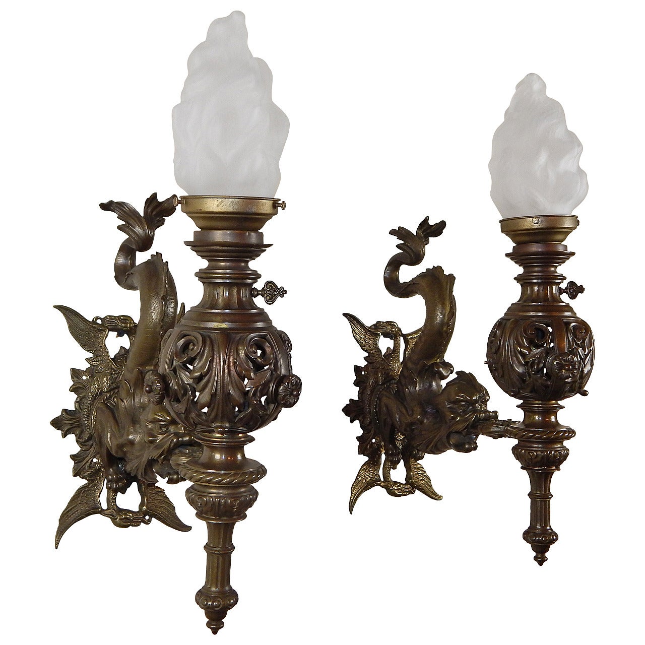 Pair of Fabulous Bronze Griffin Gaslight Sconces