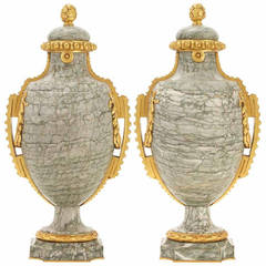 Pair of French Louis XVI Style Ormolu Bronze Mounted Marble Urns, Susse Fres