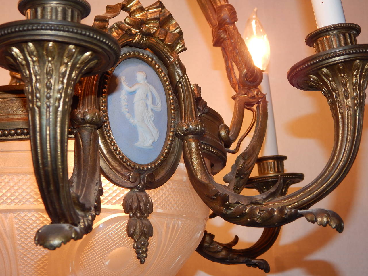 French Louis XVI Style Bronze Chandelier with Cut Glass Globe and Jasperware Plaques
