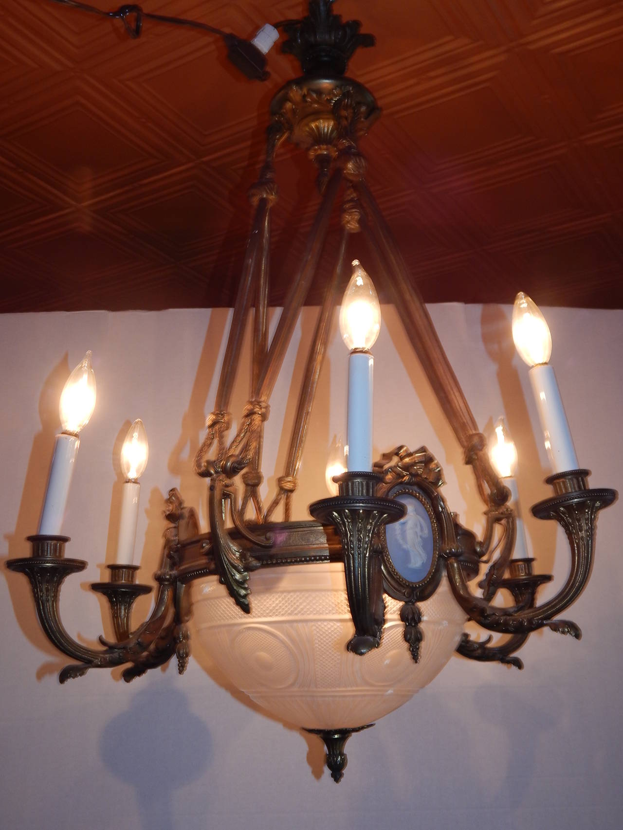 Louis XVI Style Bronze Chandelier with Cut Glass Globe and Jasperware Plaques 1