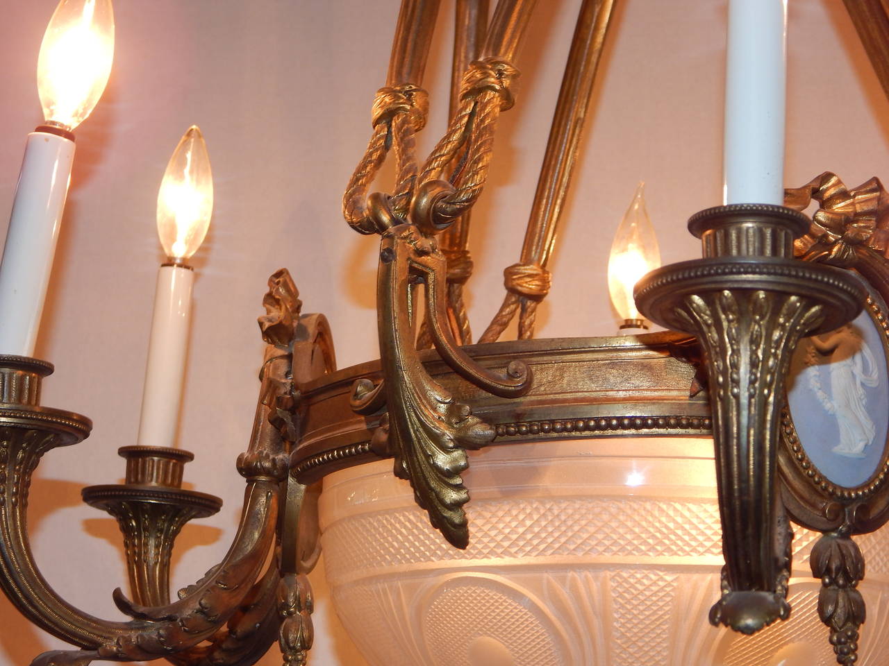 Cast Louis XVI Style Bronze Chandelier with Cut Glass Globe and Jasperware Plaques
