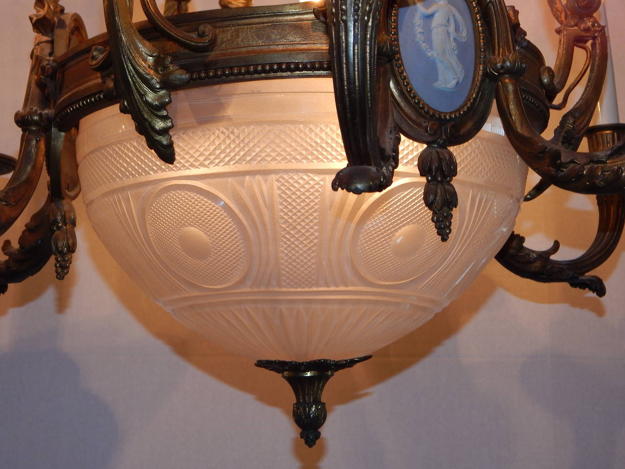 Louis XVI Style Bronze Chandelier with Cut Glass Globe and Jasperware Plaques In Good Condition In Bridgeport, CT
