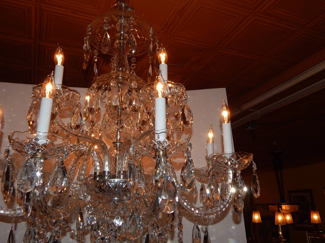 Lovely Waterford style cut glass and crystal two-tier, 12-light chandelier,
with garlands and prisms