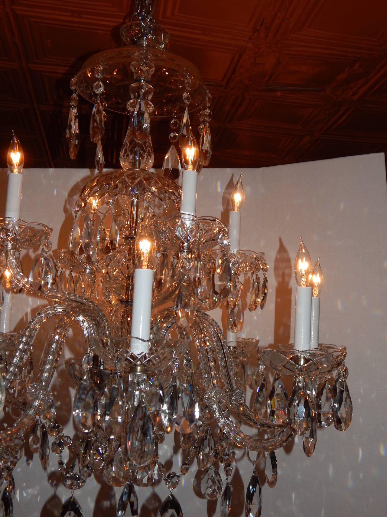 Waterford Style Cut Glass and Crystal Two-Tier, 12-Arm Chandelier In Good Condition In Bridgeport, CT