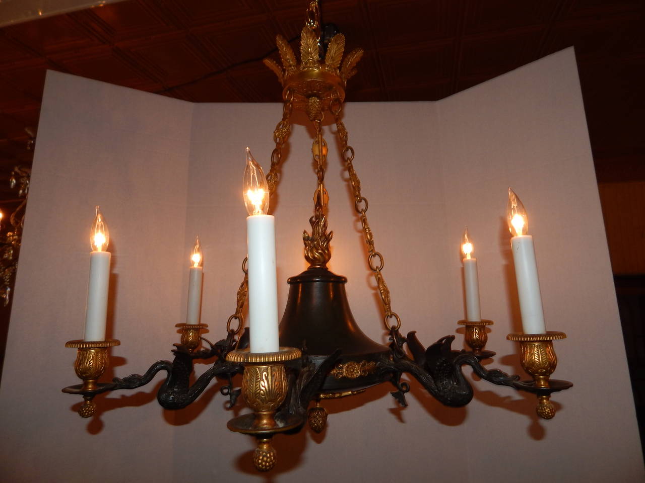 20th Century Two-Tone Bronze Empire Style Six-Light Chandelier For Sale