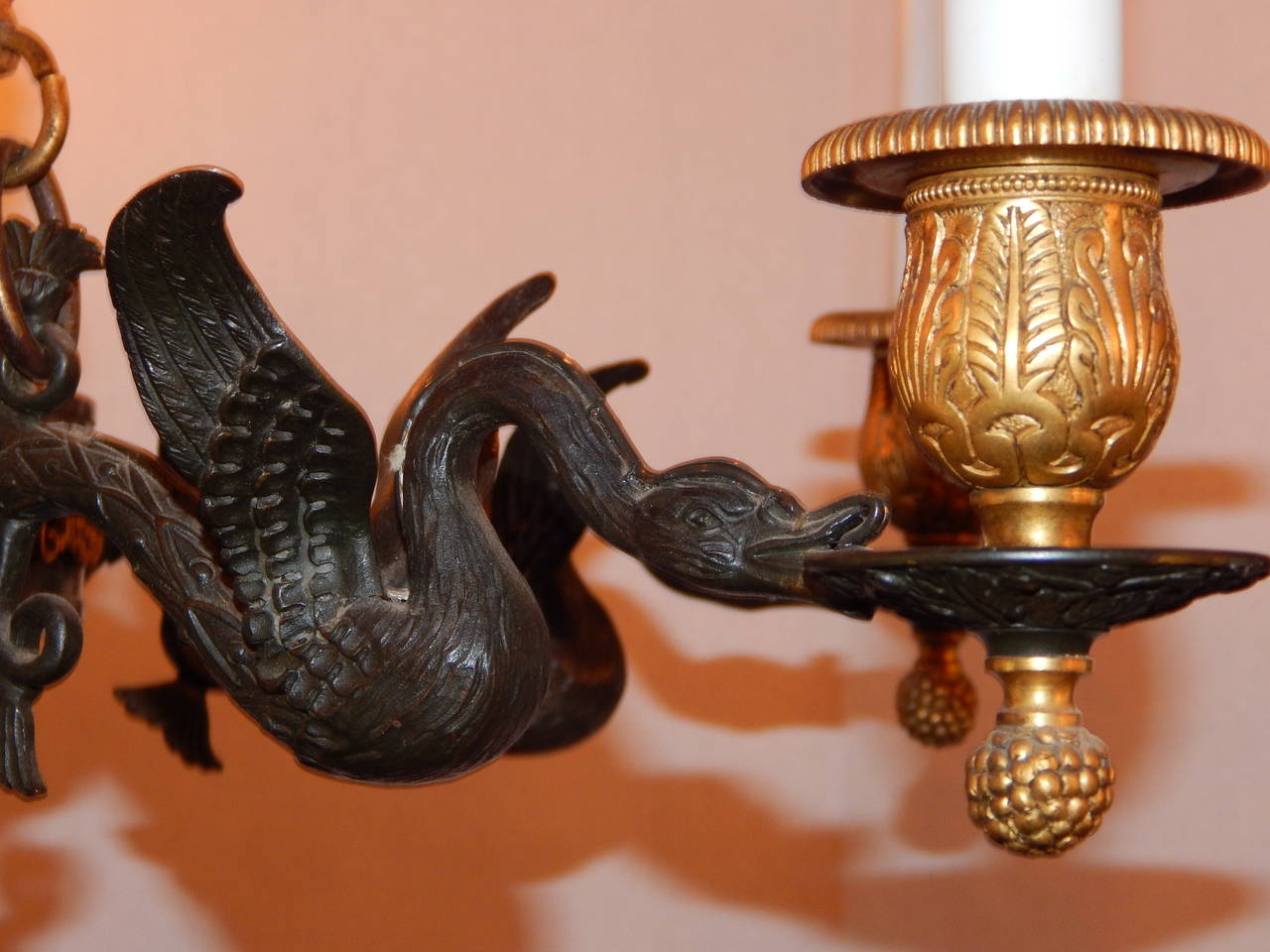 Two-Tone Bronze Empire Style Six-Light Chandelier In Good Condition For Sale In Bridgeport, CT