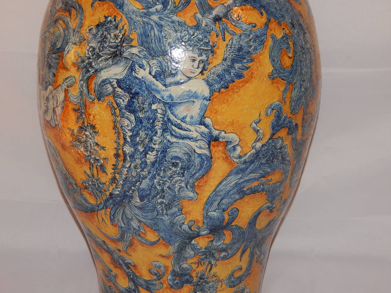  Paint Decorated Faience Covered Floor Vase, Signed 1