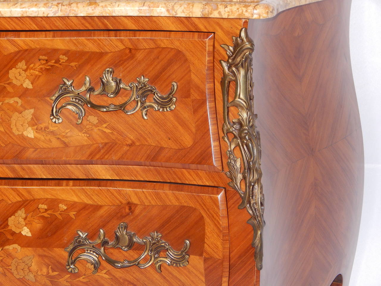 French Louis XV Style Bronze Mounted Marquetry Marble-Top Commode For Sale