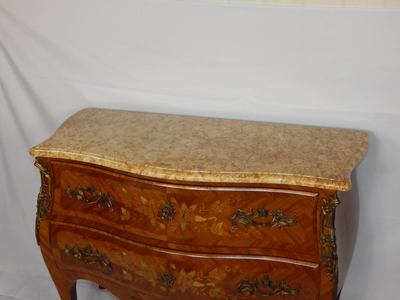 Louis XV Style Bronze Mounted Marquetry Marble-Top Commode For Sale 1