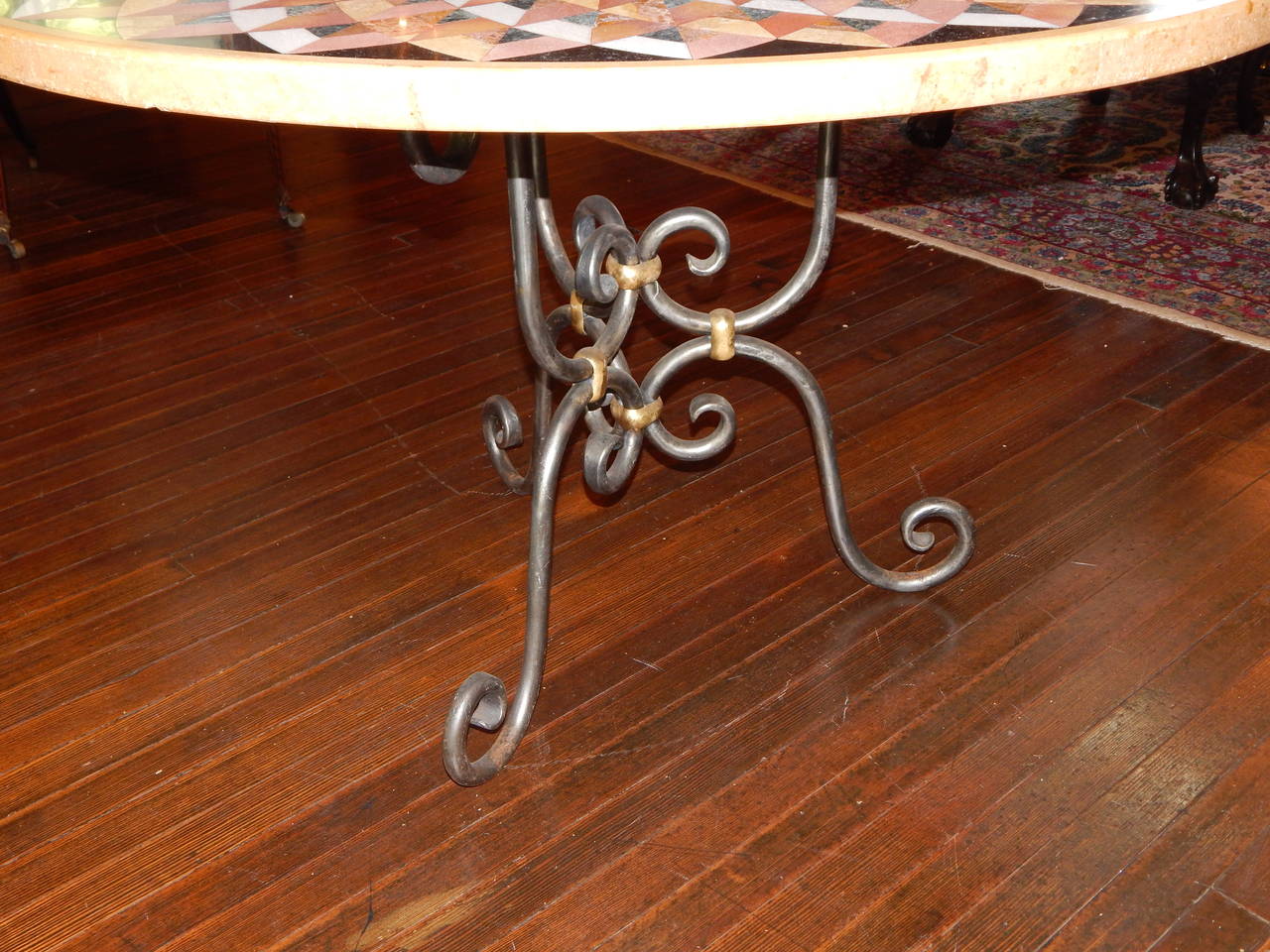20th Century  Pietra Dura Inlaid Marble Table with Iron and Brass Base For Sale