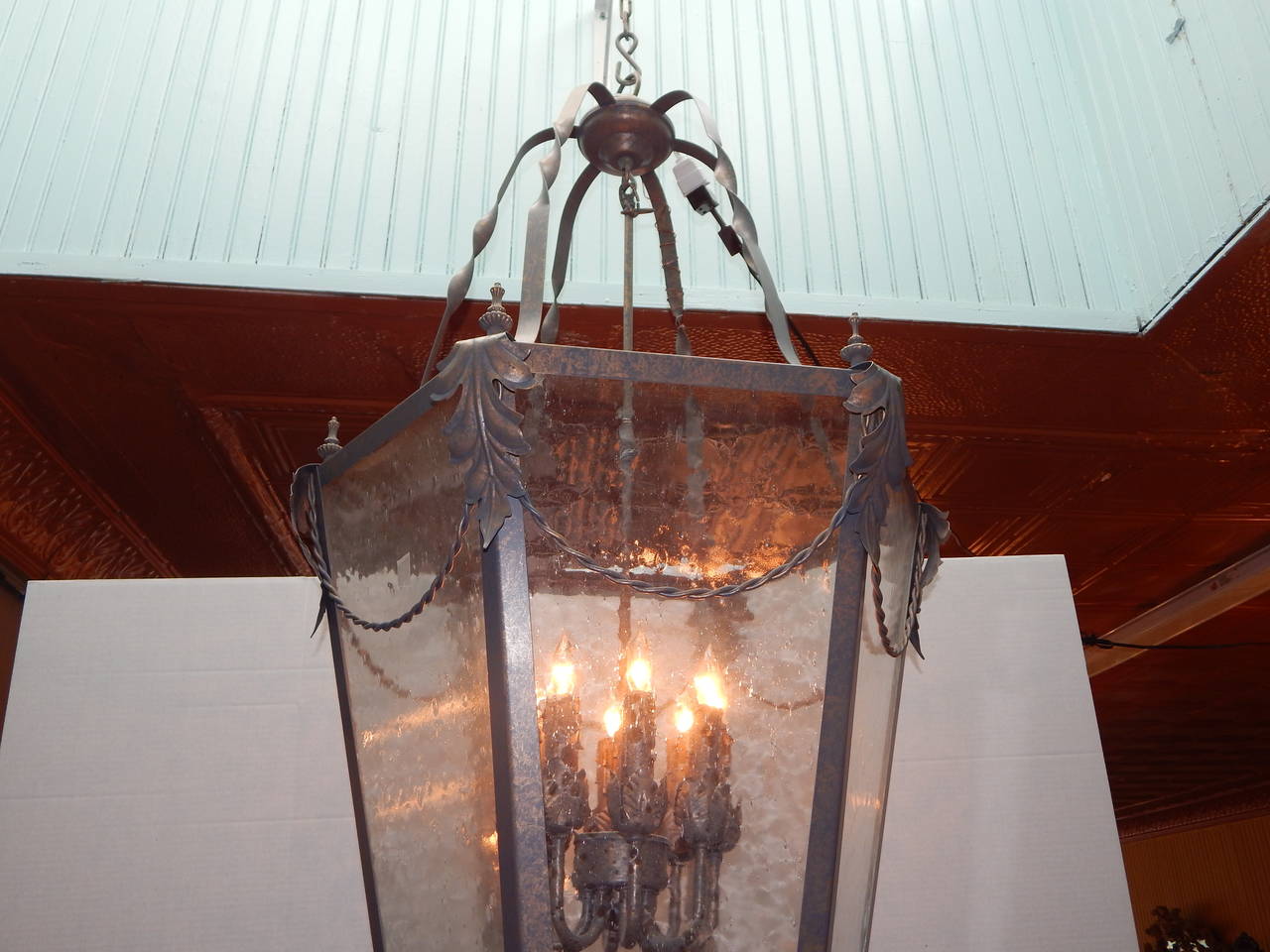 20th Century Tole Lantern with Glass Panels For Sale
