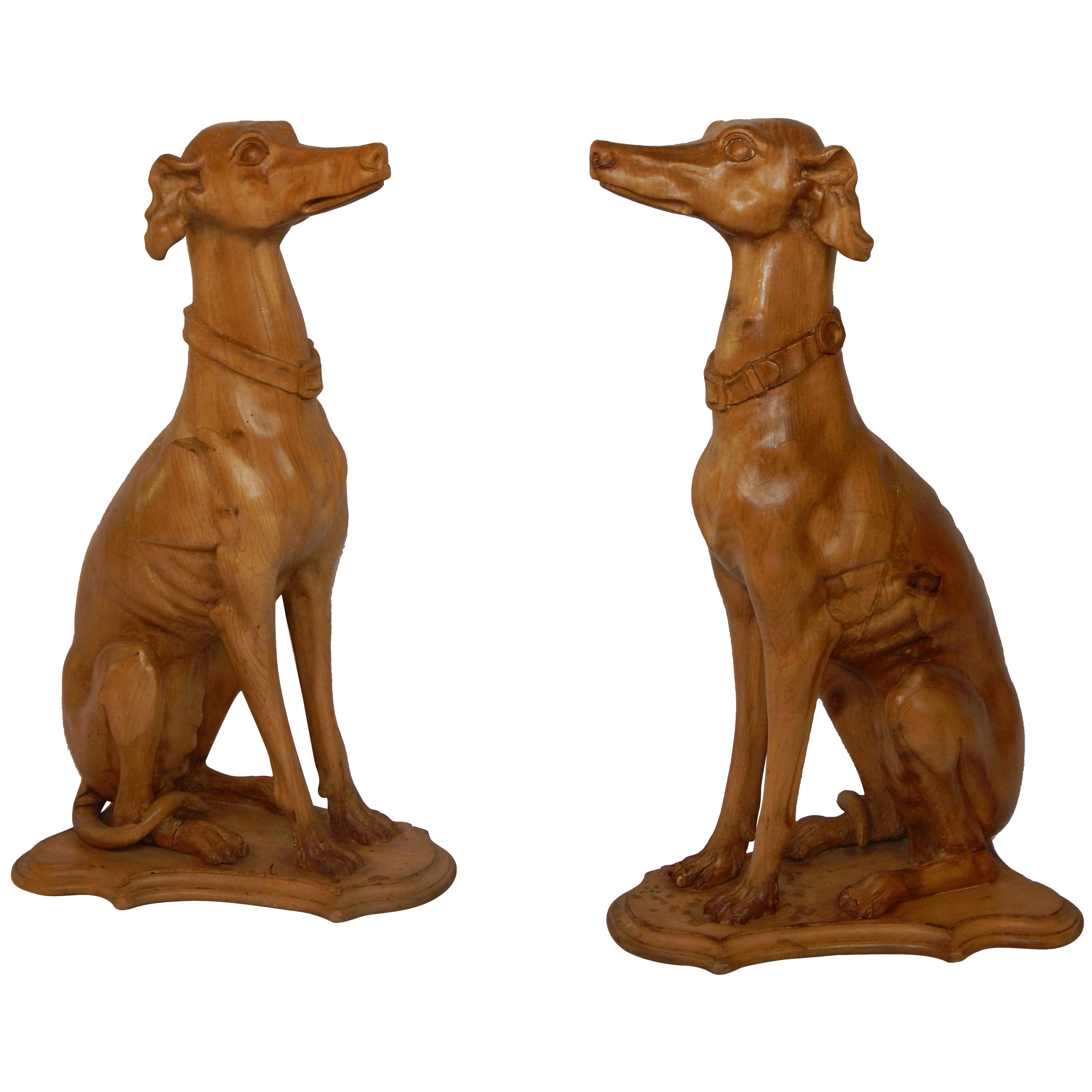 Large Pair of Carved English Pine Whippets For Sale
