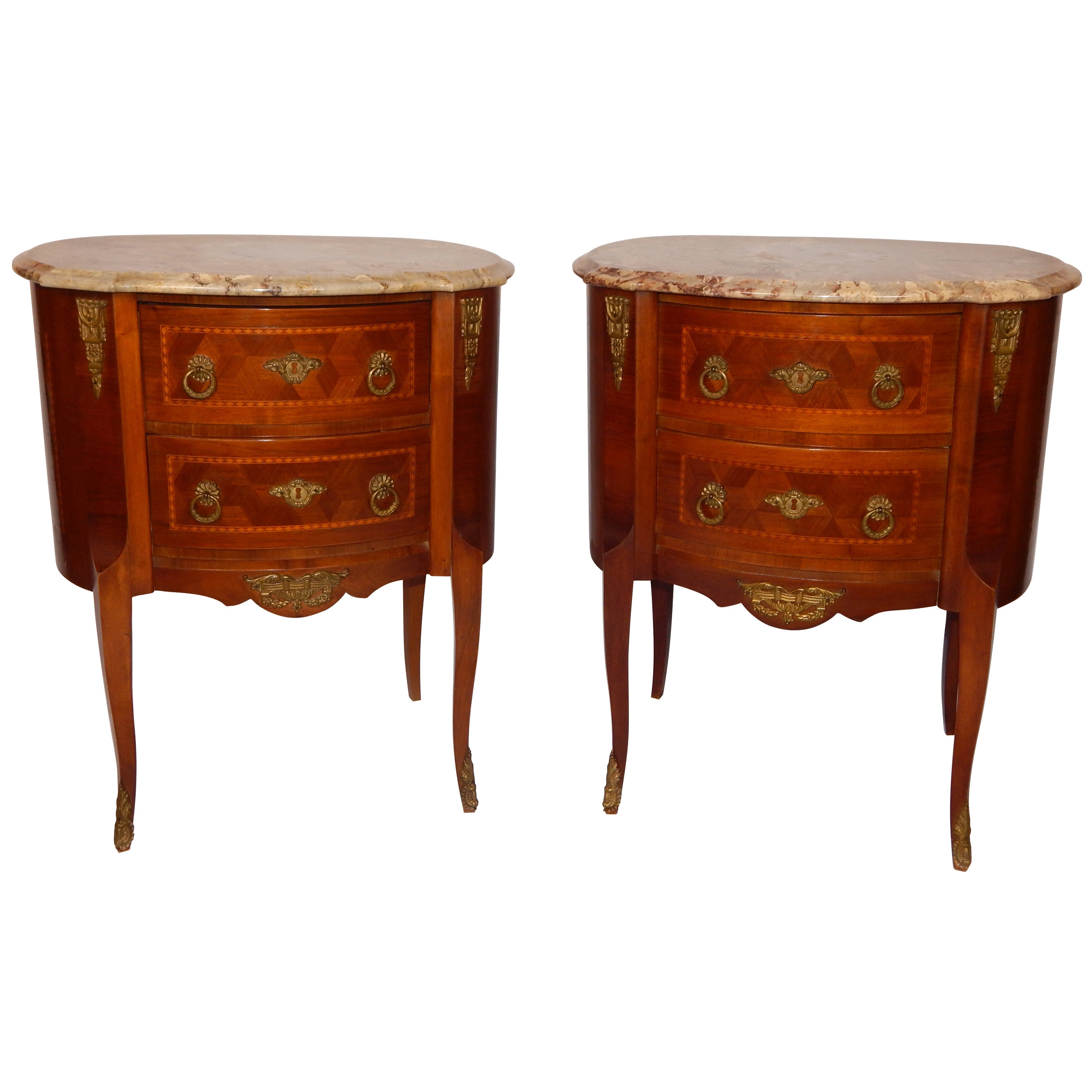 Pair of Louis XV Style Bronze Mounted Marble Top Bed Side Commodes