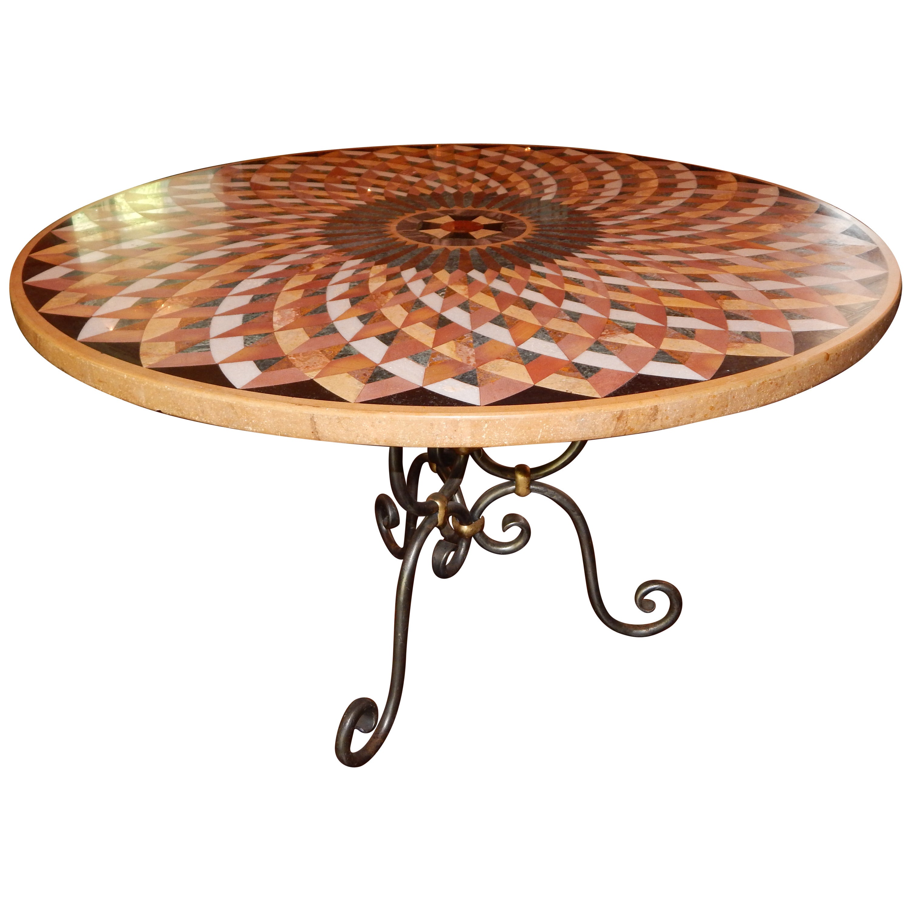  Pietra Dura Inlaid Marble Table with Iron and Brass Base For Sale