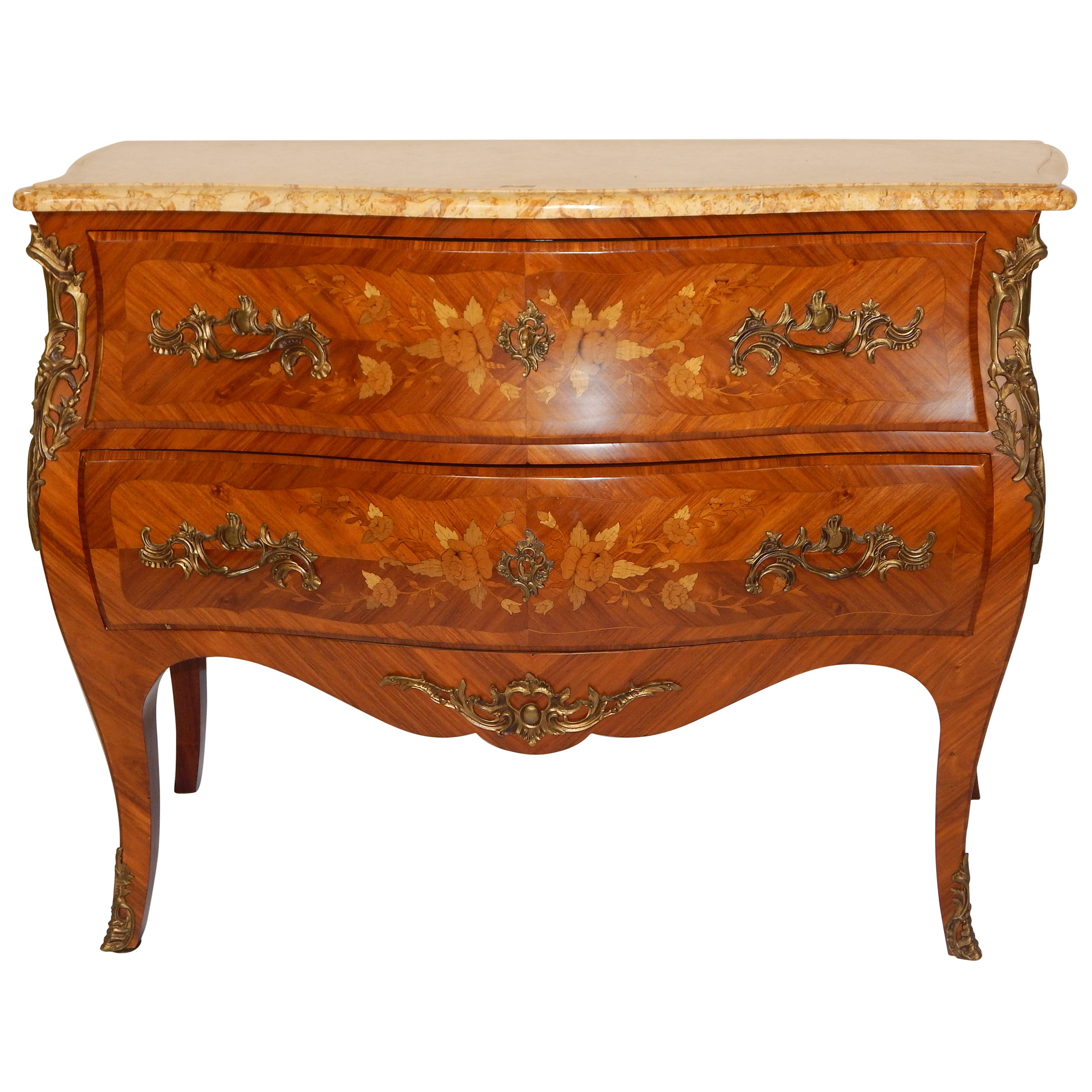Louis XV Style Bronze Mounted Marquetry Marble-Top Commode For Sale