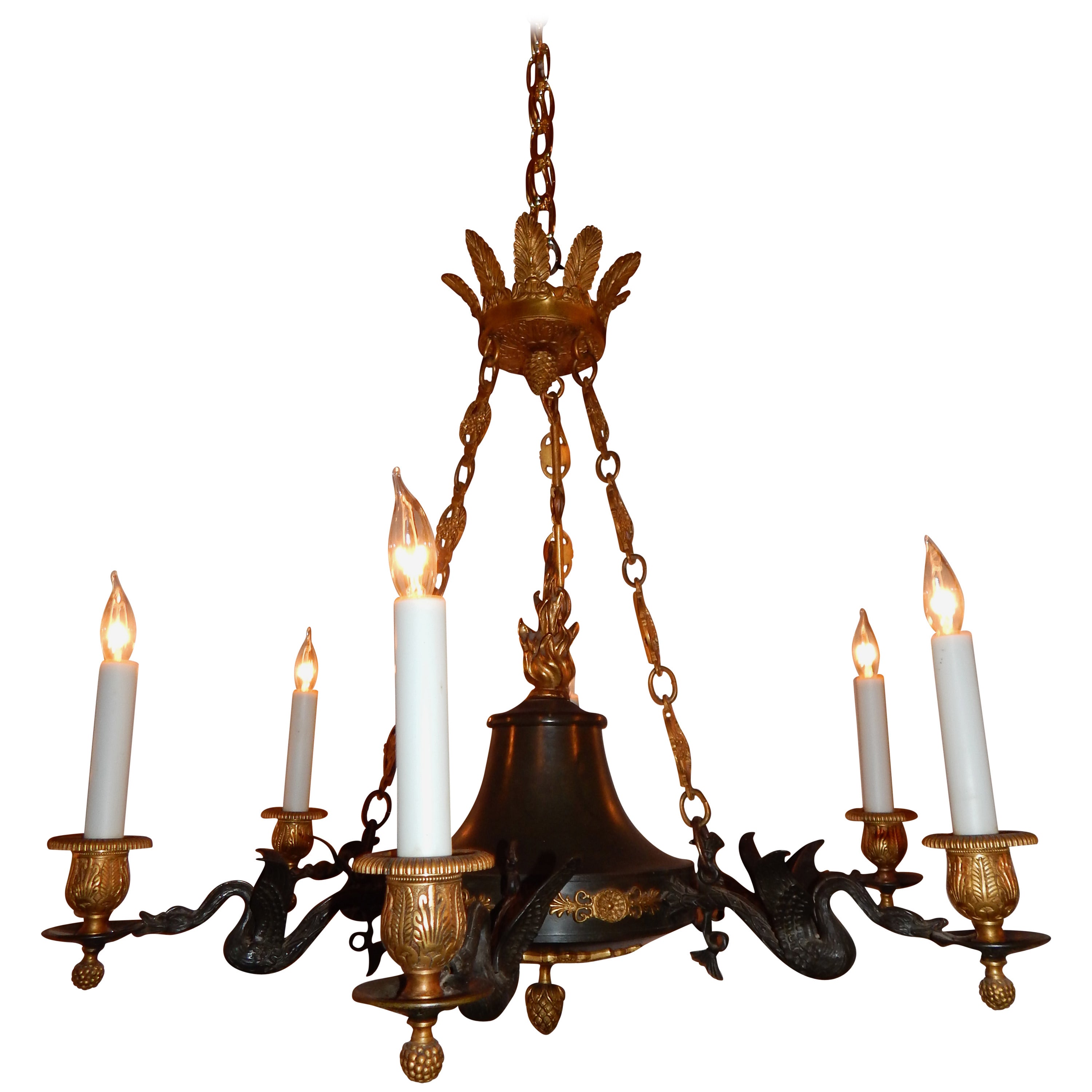 Two-Tone Bronze Empire Style Six-Light Chandelier For Sale