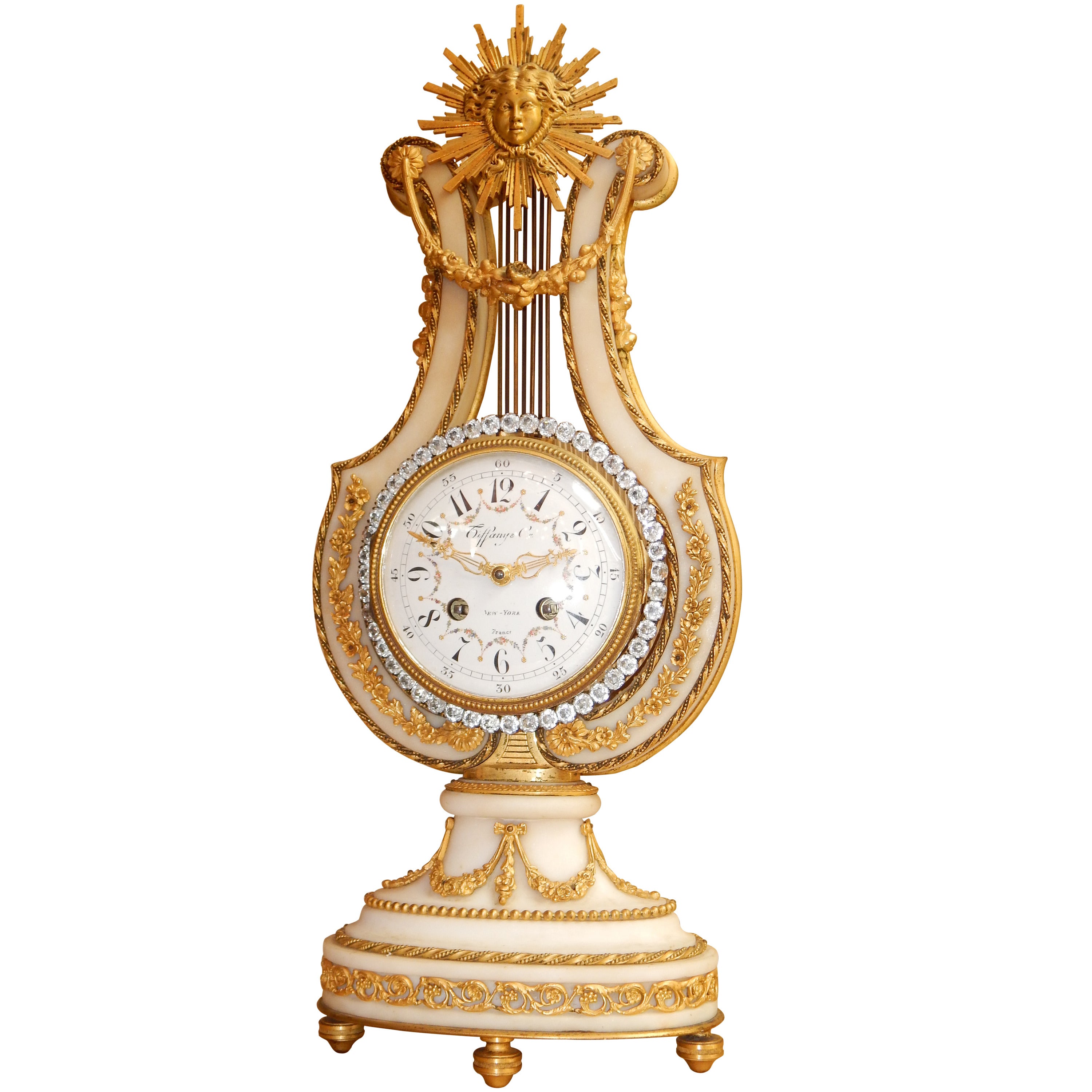 Bronze and Marble Lyre Form Clock Signed Tiffany & Co.