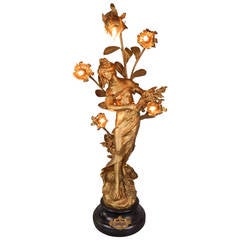 Large Art Nouveau Spelter Newel Post Lamp, Signed Moreau