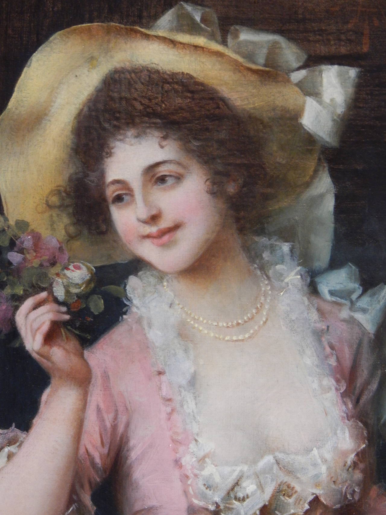 Italian Oil on Canvas of a Pretty Woman by Adriano Cecchi For Sale
