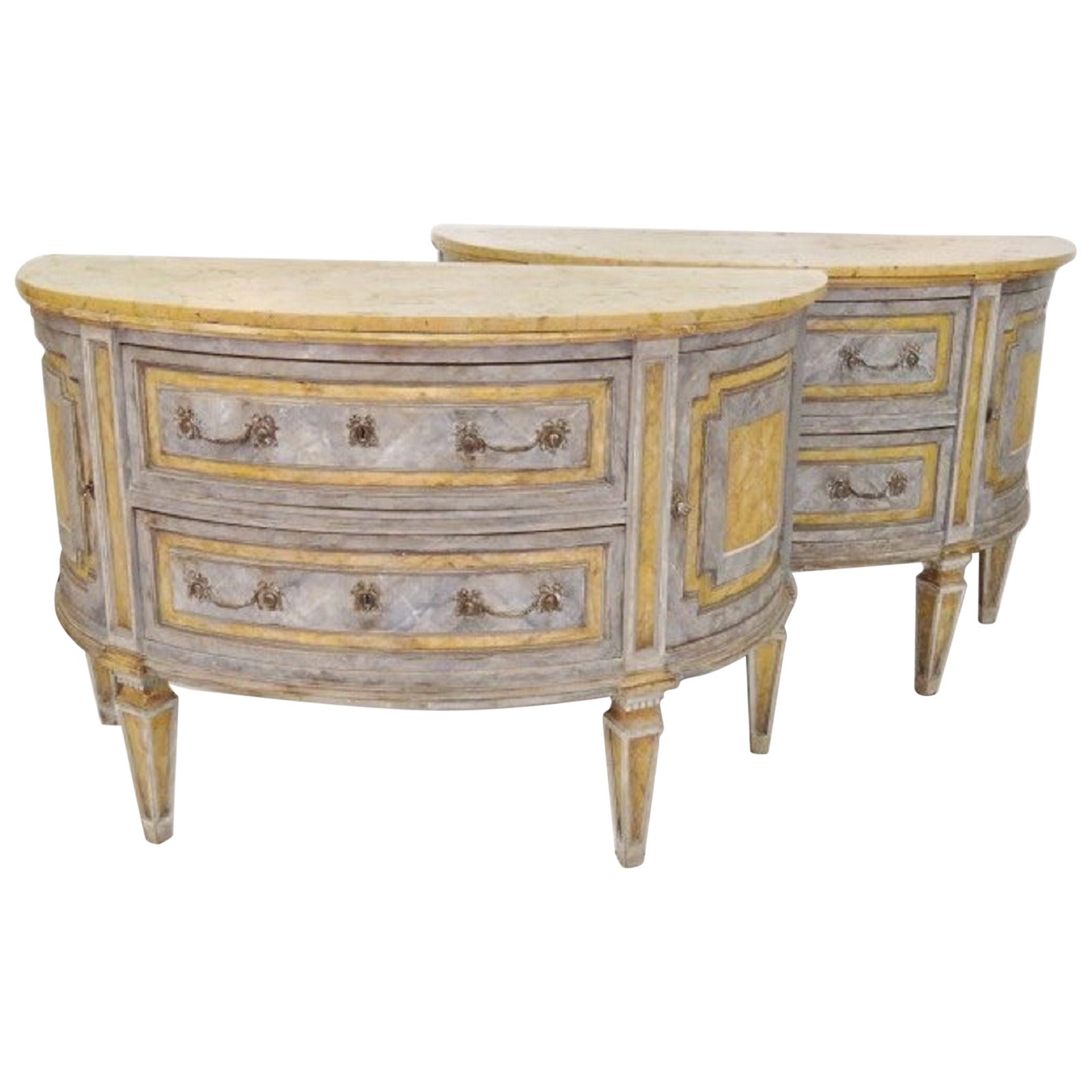 Pair of Large Gustavian Style Marble-Top Demilune Commodes