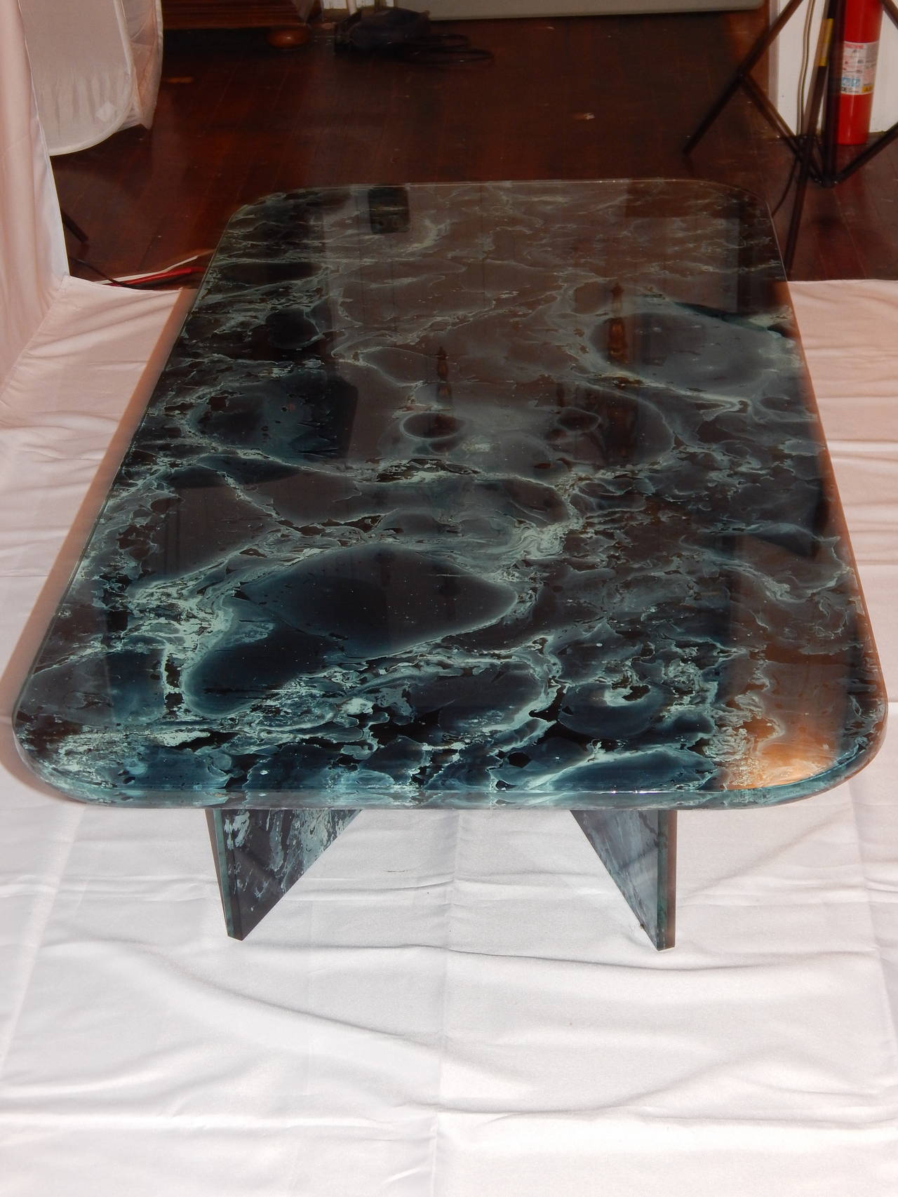 Painted Marbleized Glass Coffee or Cocktail Table For Sale