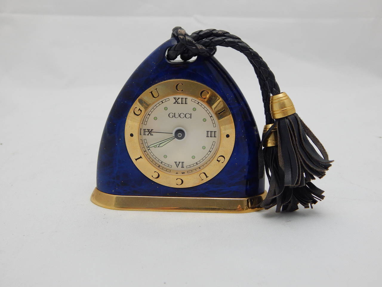 Rare Gucci Lapis color enamel travel clock with original box, and leather strap.Clock is running.