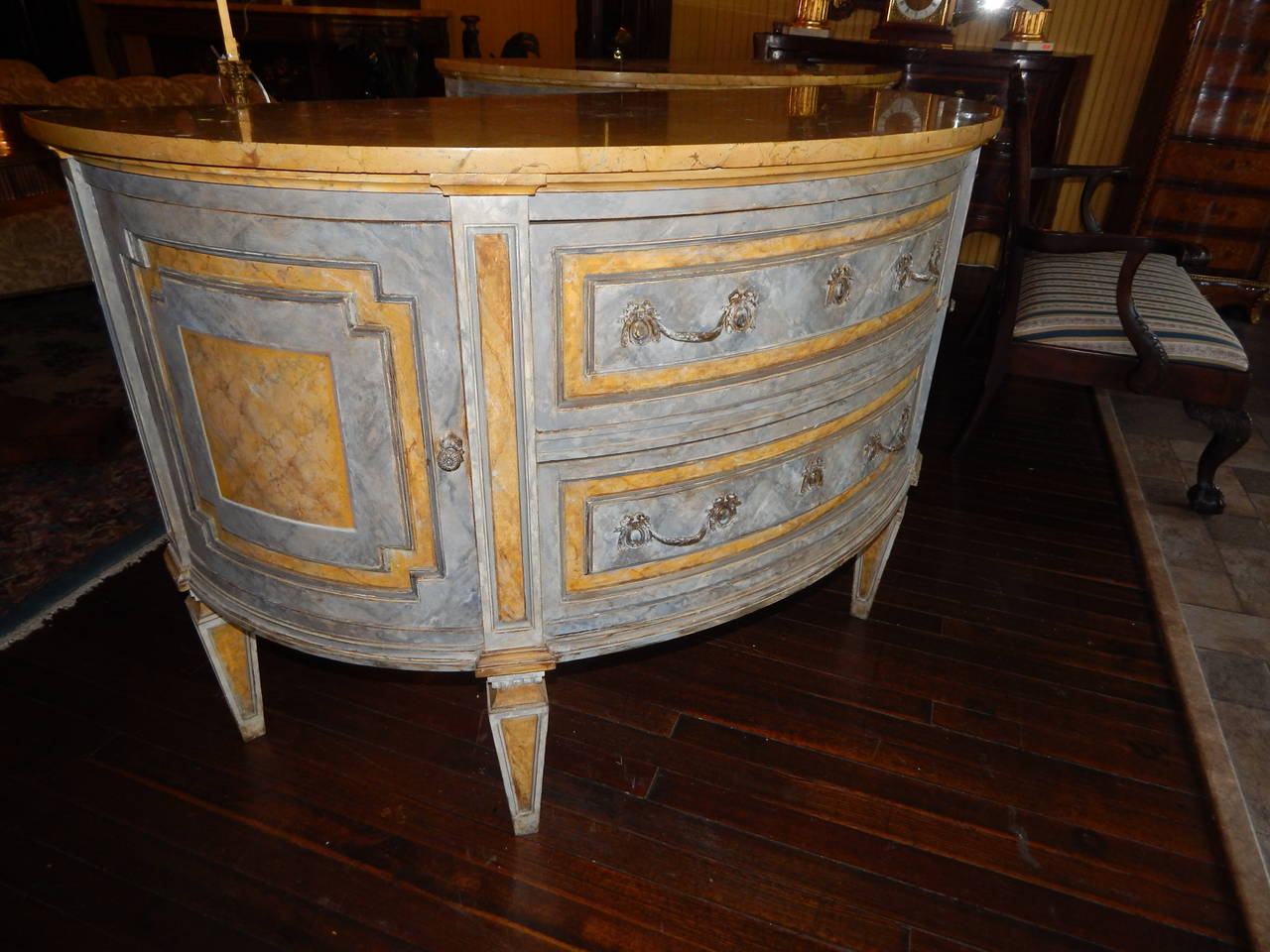 Pair of Large Gustavian Style Marble-Top Demilune Commodes In Good Condition In Bridgeport, CT