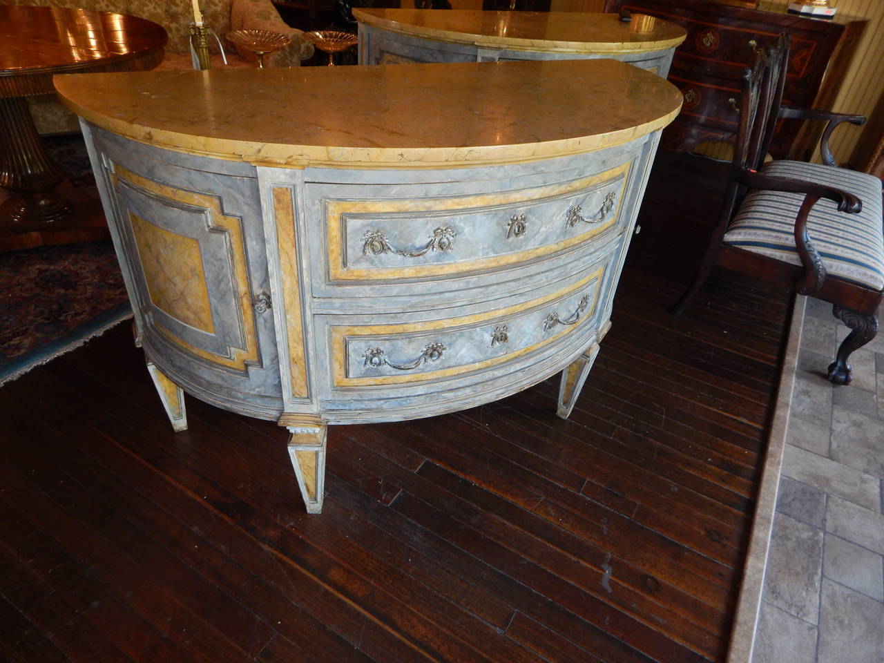 Painted Pair of Large Gustavian Style Marble-Top Demilune Commodes