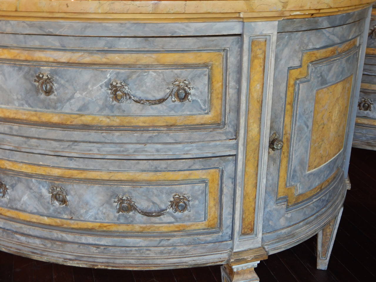 20th Century Pair of Large Gustavian Style Marble-Top Demilune Commodes