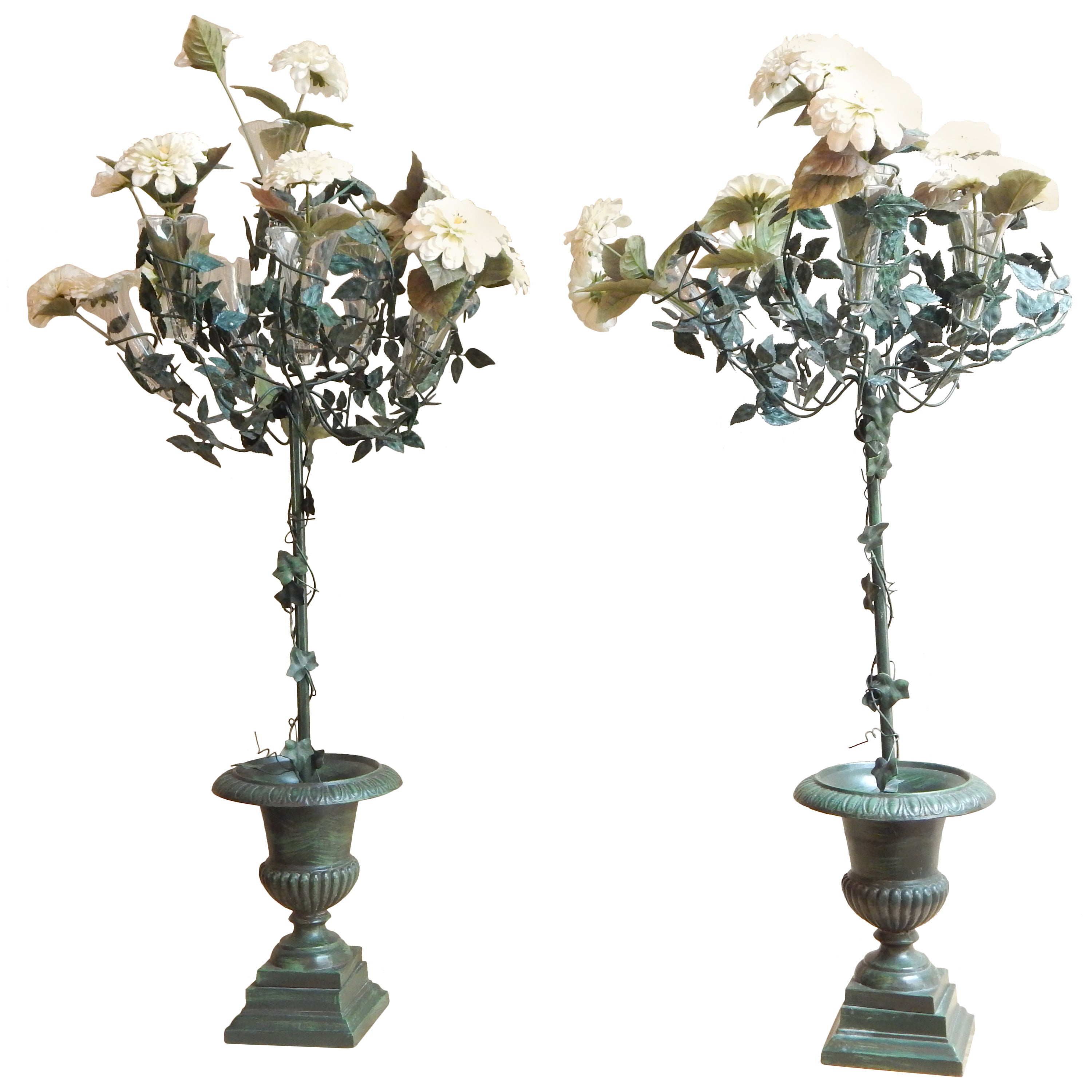 Pair of Tole Topiaries with Glass Vases For Sale