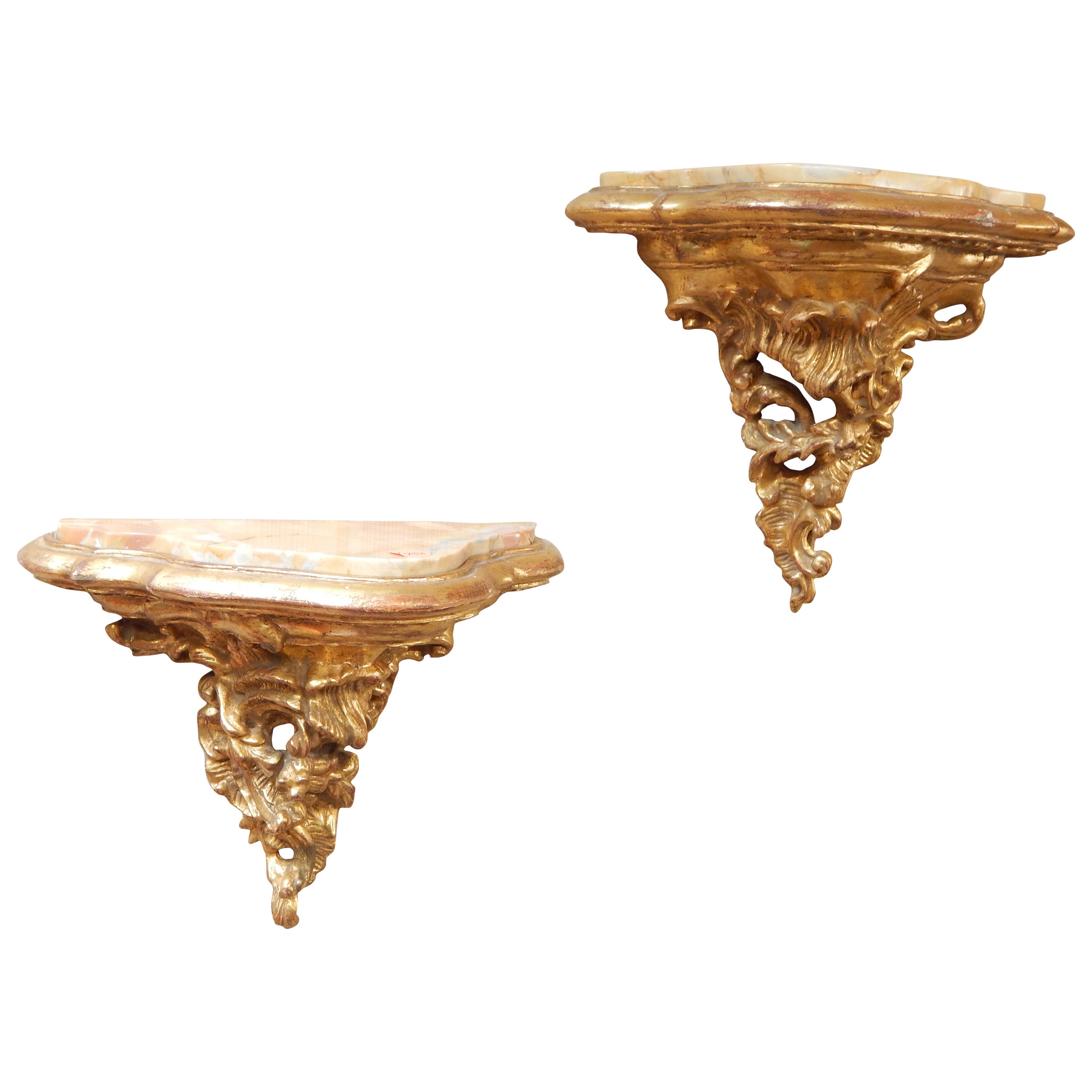 Pair of Giltwood Wall Brackets with Sienna Marble Tops