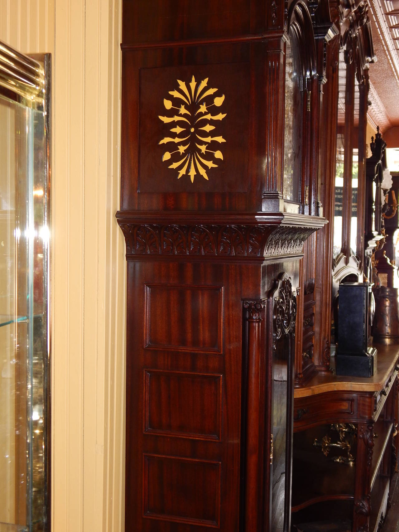 American Monumental and Rare Carved Mahogany Grandfather Clock by R. Korfhage For Sale