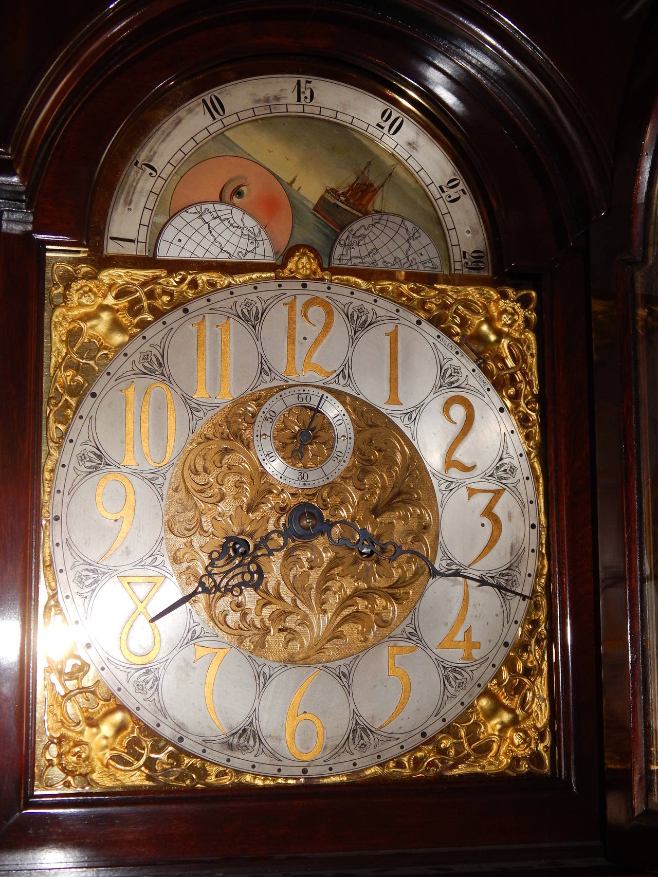 Monumental and Rare Carved Mahogany Grandfather Clock by R. Korfhage In Good Condition For Sale In Bridgeport, CT
