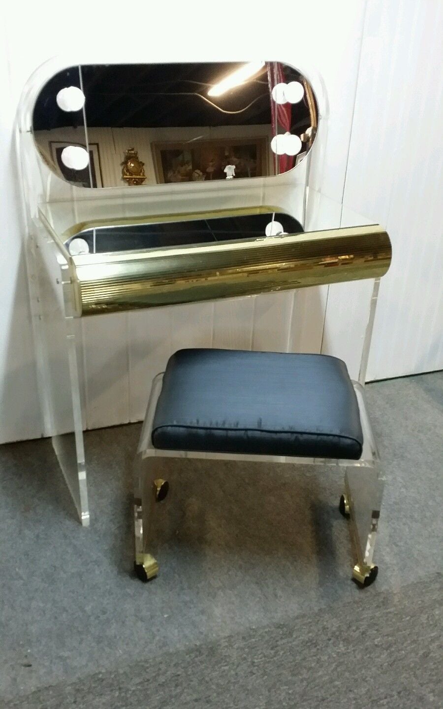 20th Century Mid-Century Modern Lighted Lucite Vanity with Matching Bench