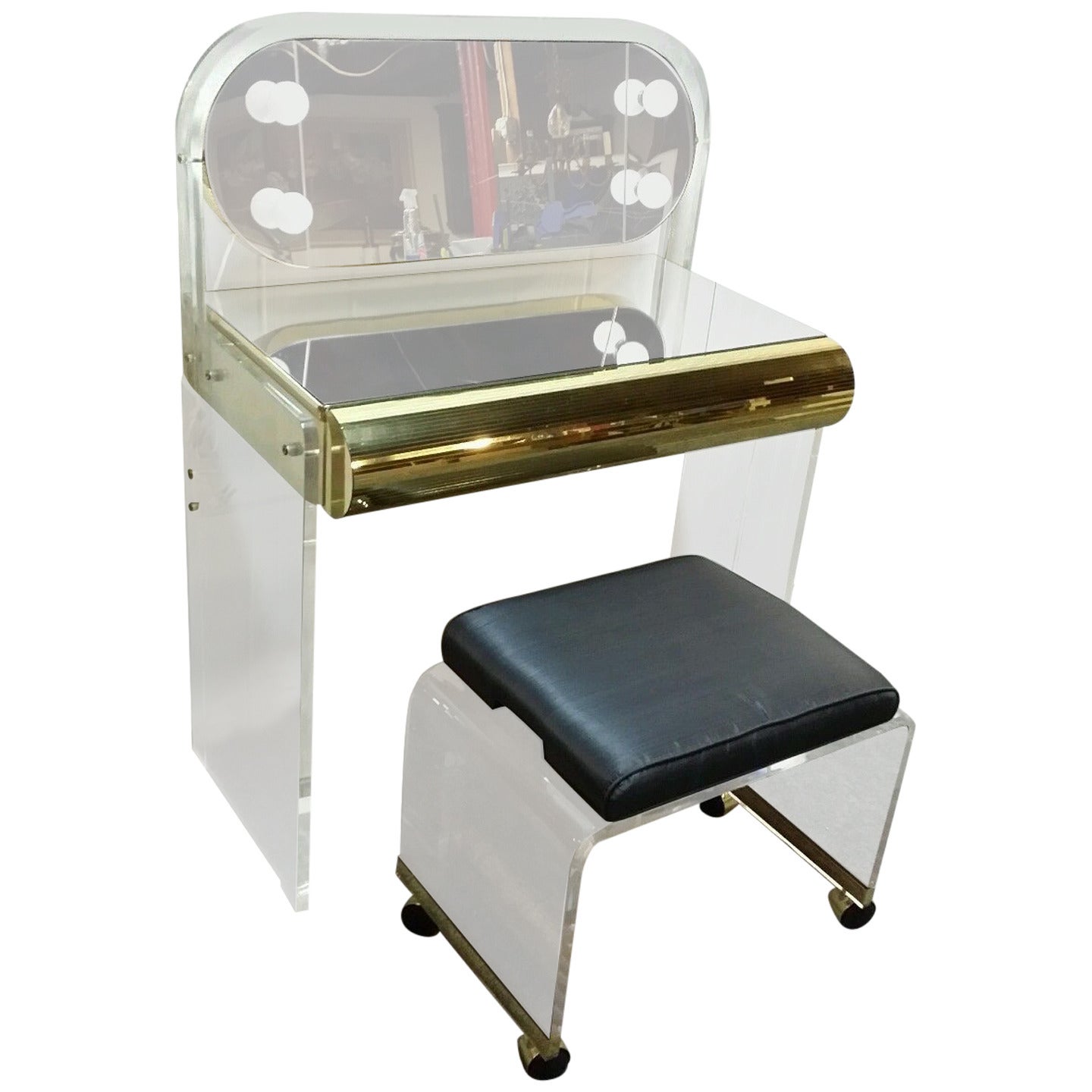 Mid-Century Modern Lighted Lucite Vanity with Matching Bench