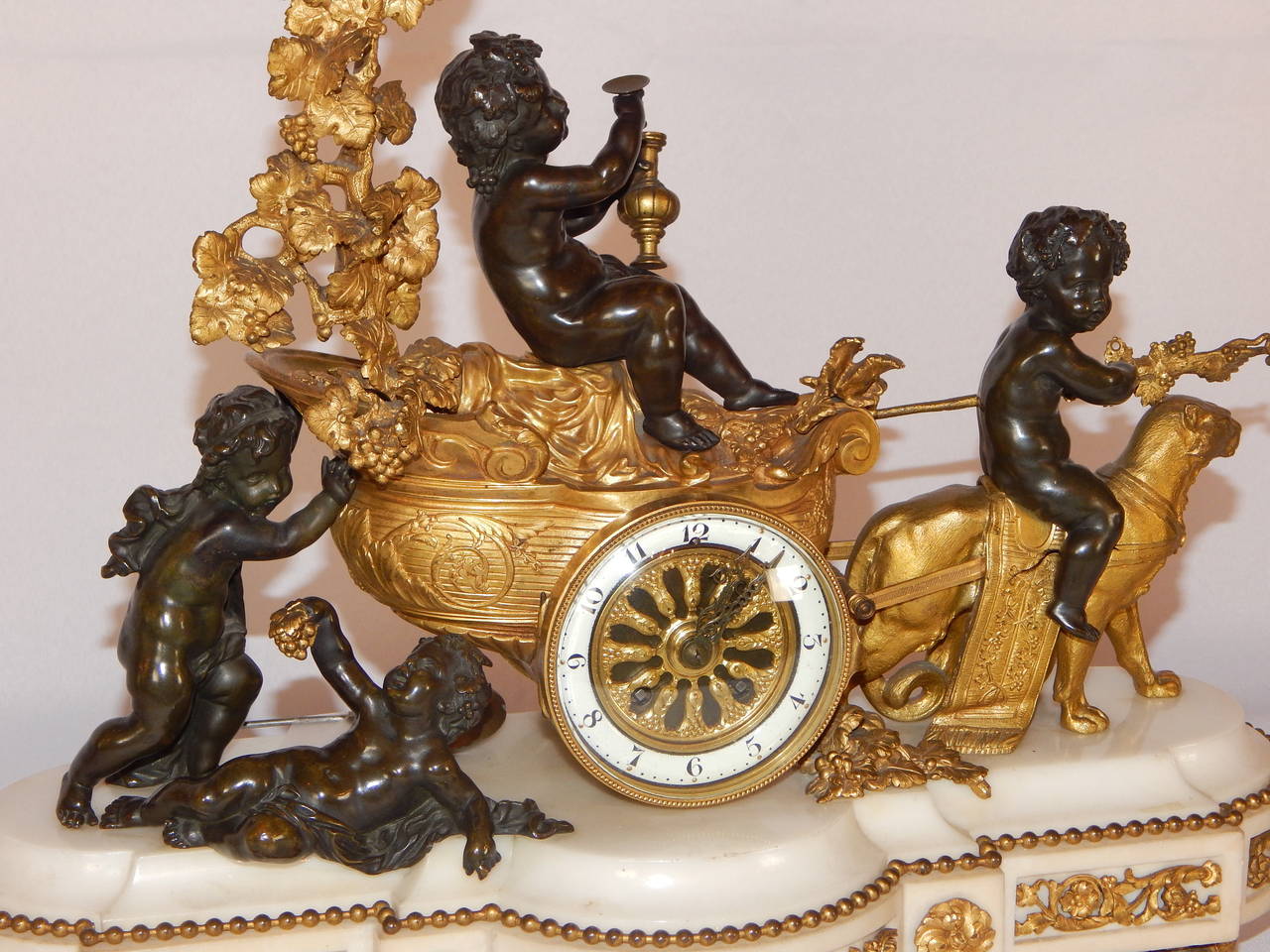 Fine Quality Rare Ormolu Mounted Double Sided Chariot Clock w Cherubs, Vincenti