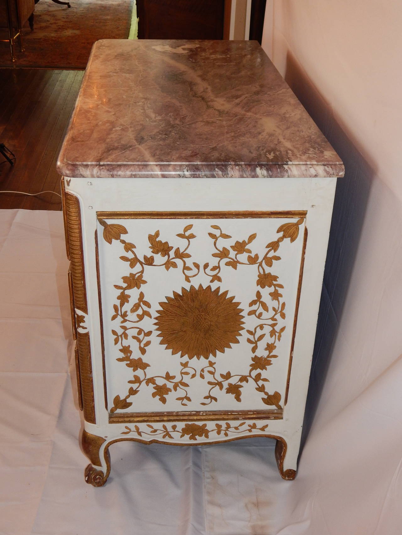 Louis XV Style Painted and Gilt Decorated Marble-Top, Three-Drawer Commode In Good Condition For Sale In Bridgeport, CT