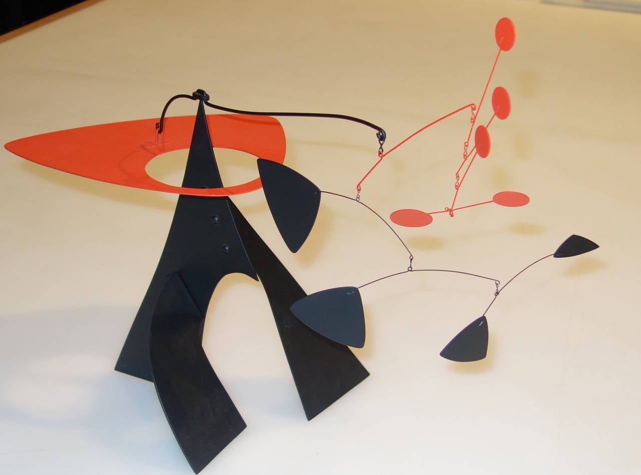 Original metal sculpture by Spanish modern artist Manuel Marin, 1942-2007.
Marin worked as a young man in the studio of Henry Moore. He produced a number of Kinetic, colorful sculptures in the manner of Alexander Calder. This piece is an example