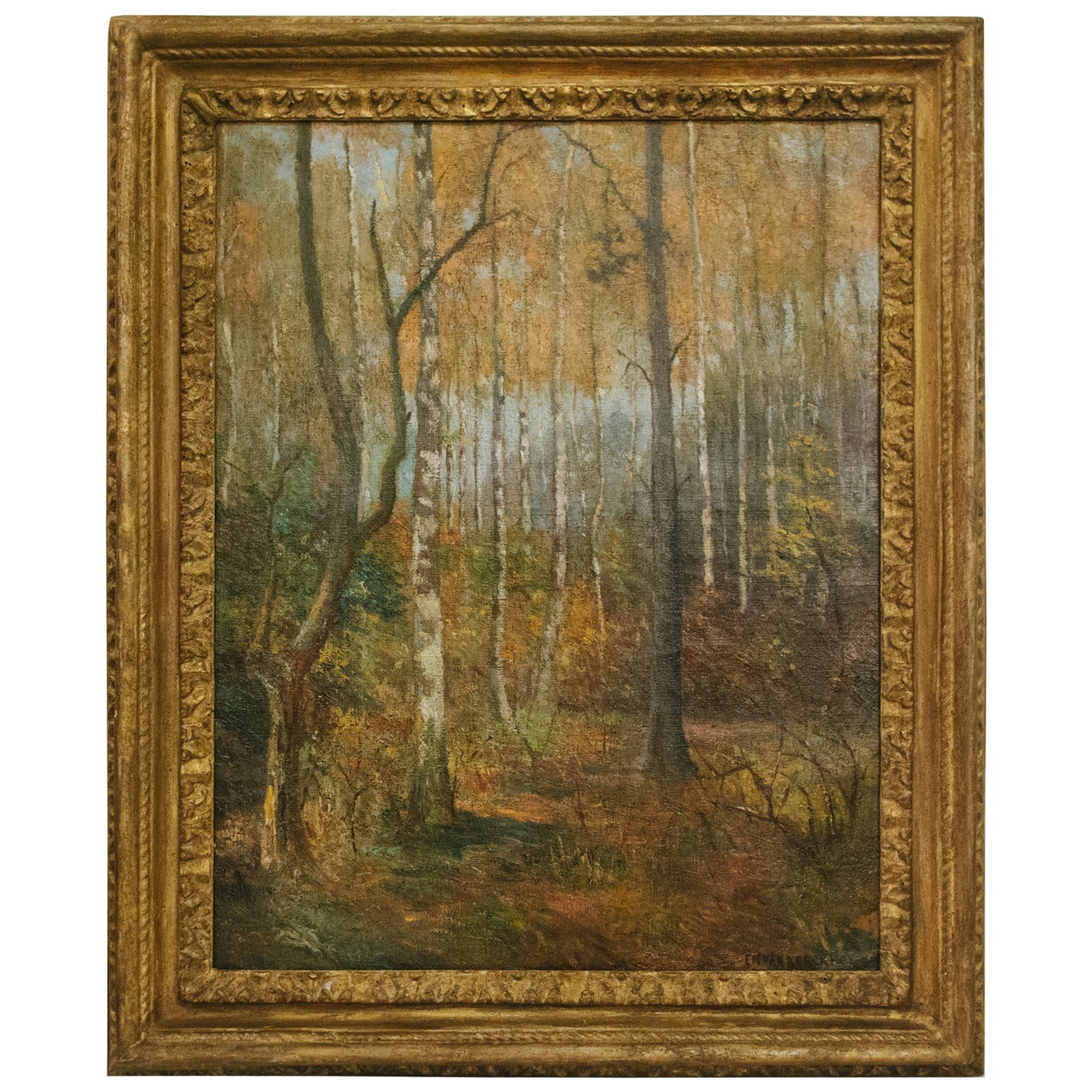 20th Century Oil on Canvas of Trees in Giltwood Frame from Belgium For Sale