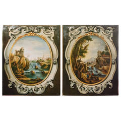 Pair of Large 19th Century Continental Oil on Canvas Panels of Water and Ruins