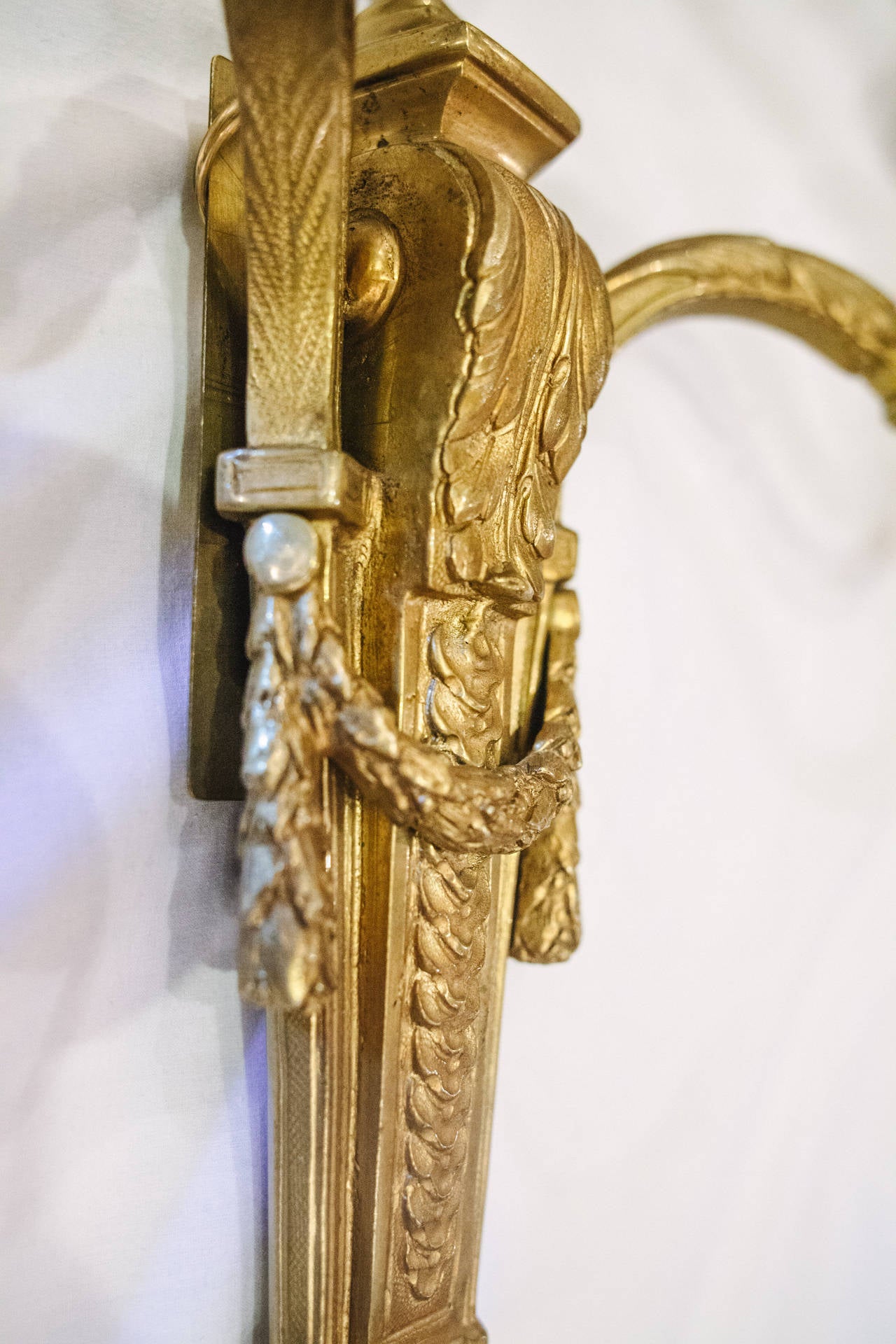 Pair of Louis XVI Style French Bronze Two-Arm Sconces In Excellent Condition In Nashville, TN