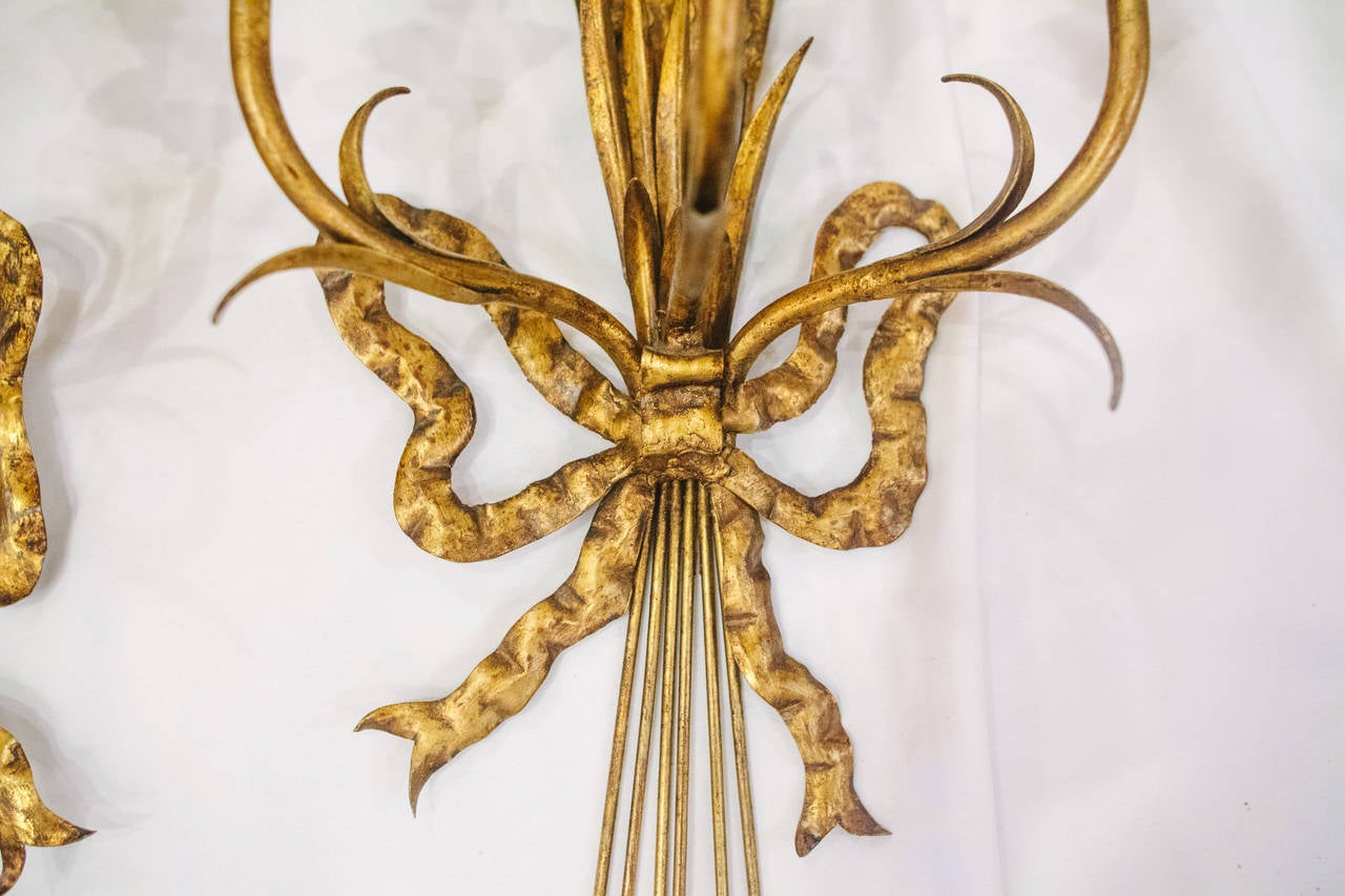 Pair of Italian three-arm Gilt Metal Wheat Sheaf and Bow Candle Sconces
