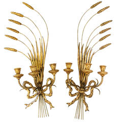 Pair of Italian Gilt Metal Wheat Sheaf and Bow Candle Sconces