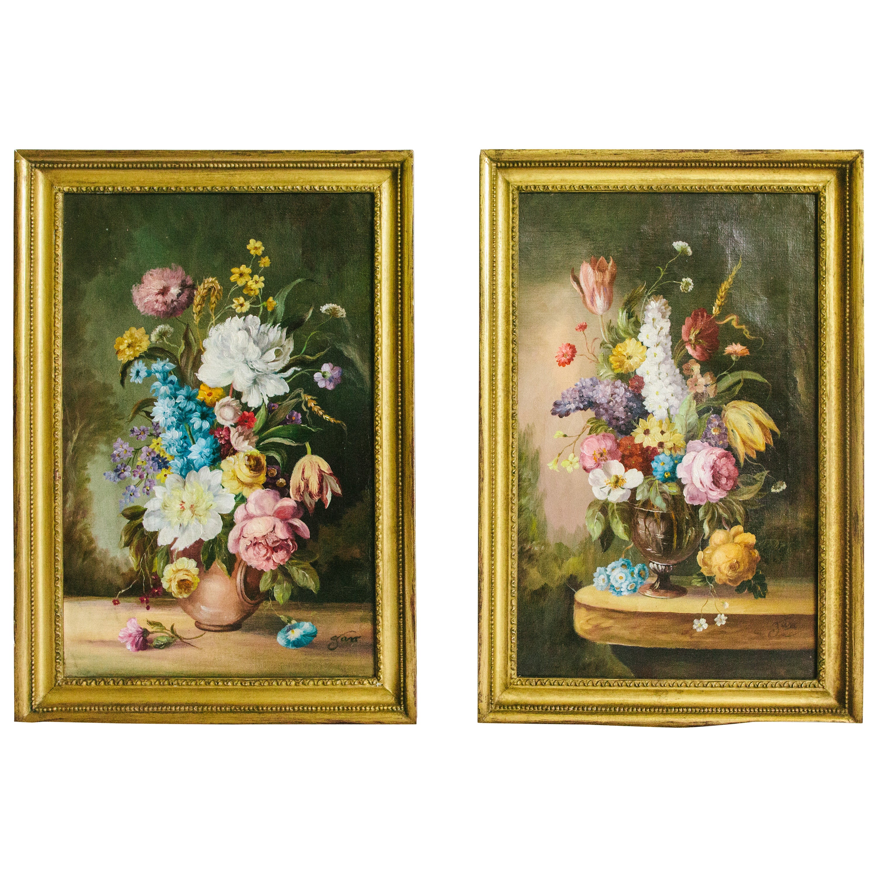 Pair of 19th Century Signed English Botanical Oil Paintings