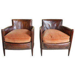 Pair of 20th Century French Art Deco Leather Armchairs attributed to Paul Follot