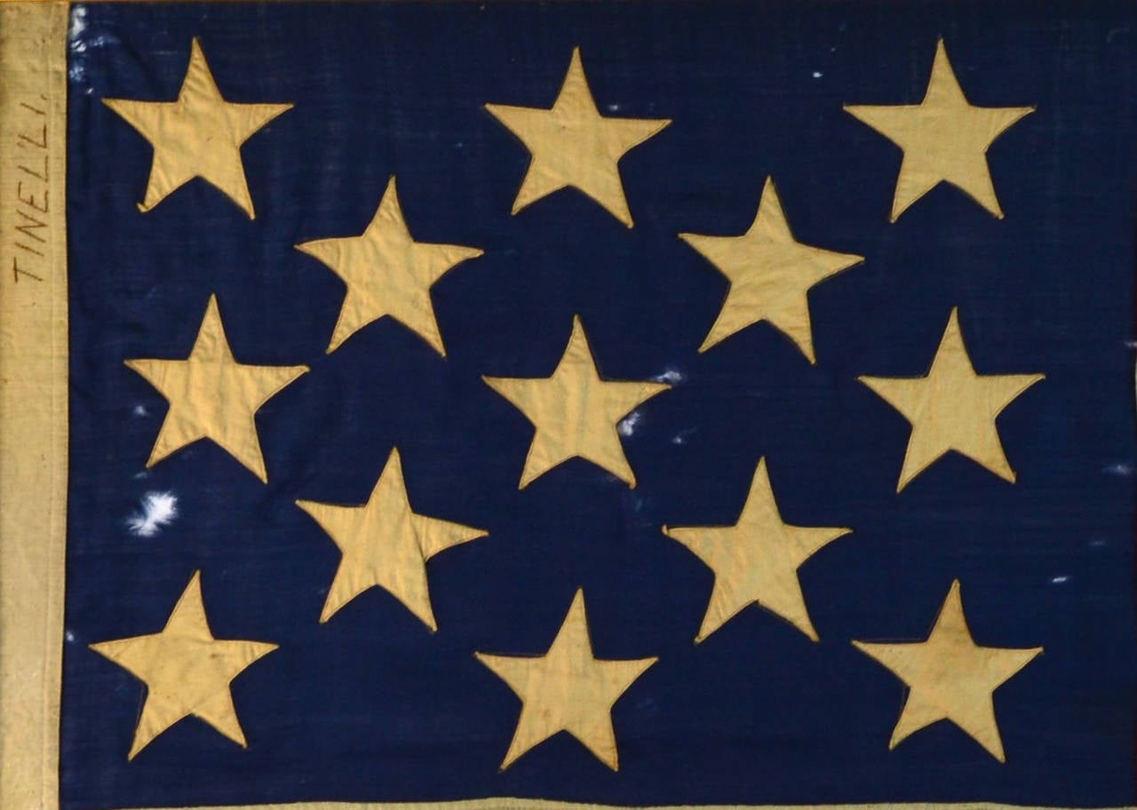 ID’ed Hand Sewn 13 Star Civil War Battle Flag
Rare opportunity to own a authentic antique hand sewn Civil War Flag and to know the owner.  Antique 13 Star Flags are quite rare from this time period and if you find one most were naval flags called