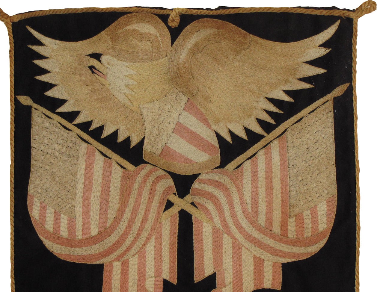 Rare large silk Maritime Eagle. 

Very rare antique patriotic textile of a large eagle.
Embroidered by hand in silk. Exquisite craftsmanship and Fine detail throughout. The eagle has mellowed to a beautiful golden hue over the years.

Antique