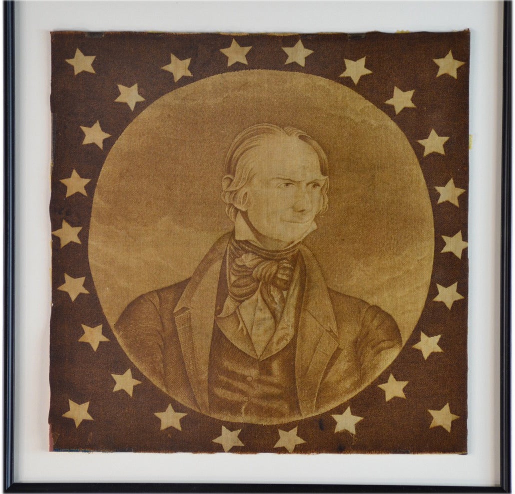 Antique Relic from Henry Clay Flag

Portion of a Presidential Campaign flag for Henry Clay.  The “Canton” has the image of Mr. Clay surrounded by stars. The red and white stripes of the original flag are long gone, probably kept by a souvenir
